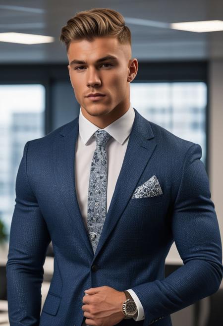 a strong 22-year-old british hunk bodybuilder male, with a fringe up undercut hairstyle, detailed face, mindless expression,  wearing a dark-blue suit with silver patterns, wearing pants,  on a modern office, standing at attention pose, looking at viewer, portrait, photography, detailed skin, realistic, photo-realistic, 8k, highly detailed, full length frame, High detail RAW color art, diffused soft lighting, shallow depth of field, sharp focus, hyperrealism, cinematic lighting