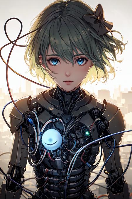 1mechanical_girl wearing intricate bioluminescent mechanical cyborg armor made out of (white beige old plastic) , ((ultra realistic details)), detailed_face, global_illumination, shadows, octane_render, 8k, ultra_sharp, metal, ornaments_detailed,  solo, 1girl, solo, komeiji koishi, green hair, third eye, heart, upper body, no headwear, long sleeves, looking at viewer, short hair, heart of string, blue eyes, bow, hair between eyes, bangs, sleeves past wrists, breasts,cold_colors, egypician_detail, highly_intricate_details, realistic_light, trending_on_cgsociety, glowing_eyes, facing_camera, neon_details, machanical_limbs, ((lot_wires_and_cables_connecting_to_head_and_body)), killing_machine,