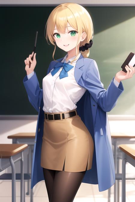 ((masterpiece)),(best quality),official art,extremely detailed CG,unity 8k wallpaper,ultra detailed,beautiful detailed eyes,extremely detailed face,classroom,1girl,solo,cowboy shot,looking at viewer,facing viewer,smile,ellen baker,long hair,blonde hair,hair over shoulder,hair scrunchie,sidelocks,bangs,green eyes,sky blue coat,open coat,bowtie,white shirt,long sleeves,small breasts,brown belt,brown skirt,black pantyhose,high heels,black footwear,<lora:Ellen Baker(alt)>,