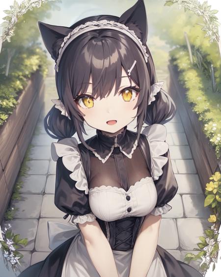 <lora:NeokisV2:1>
1girl, solo, cat_ears, finely detailed black victorian maid dress, from above, looking at viewer, long hair twintails, indoors, v_arms, hairband, hair ornament, upper body, smile, finely detailed yellow eyes, outdoors, garden background, slit pupils