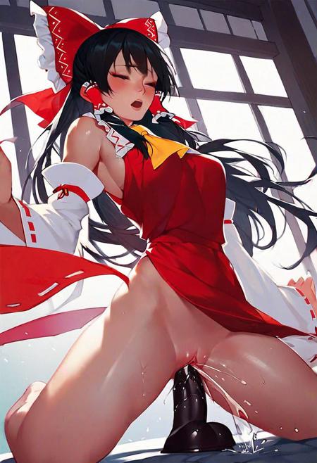 score_9, score_8_up, score_7_up, score_6_up,  rating_explicit, perfect anatomy, elegantly drawn hands:1.3, beautiful lighting, real skin, uncensored, (hakurei reimu, long hair, black hair, red hair bow, red dress, yellow ascot, white sleeves, detached sleeves), kneeling, low angle, riding dildo, squirting, orgasm, moaning in pleasure