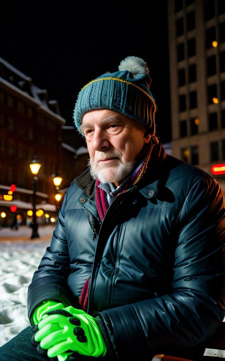 cinematic film still ((bright neon colors)), (top-quality, 8K, masterpiece:1.3) A photo of thoughtful, elderly man, sitting on a bench, wearing woolen hat and gloves, snowy city square taken with fish-eye lens highly detailed, detailed skin, soft ambient lighting
<lora:epi_noiseoffset2:1>  <lora:more_details:0.3> . shallow depth of field, vignette, highly detailed, high budget, bokeh, cinemascope, moody, epic, gorgeous, film grain, grainy