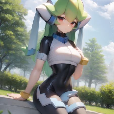 Pandora, android, green hair, red eyes, head piece