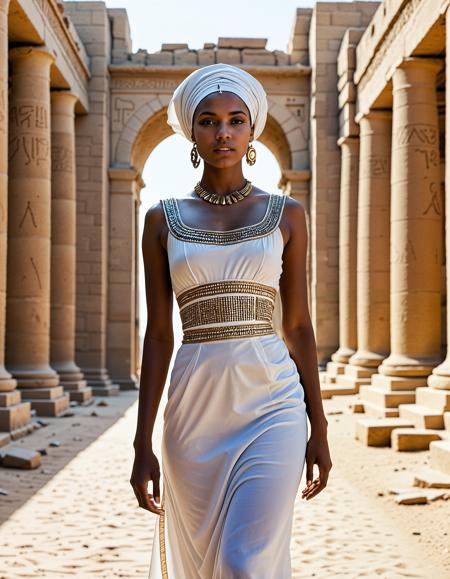 analogue photo of Beautiful African woman, <lora:Ayana_Lela_African_Woman:0.8>,, Amidst the relics of a once-grand temple courtyard, a determined goddess in a modest, slightly faded linen gown, accented with subtle beadwork and a functional headscarf, studies an ancient inscription carved into stone, embodying a sincere connection to the past., wlae86, <lora:sdxl_Egyptian_WalkLikeOne:1.0> clear focus, high resolution image,  ,Ancient, egypt, mystical and epic feel,,high quality, film grain, Fujifilm XT3, 8k uhd, dslr, film grain, kodak tri-x 400 film, grain photo DOF, faint lighting, dynamic angle, cinematic, Depth of field, bokeh, best quality, cinematic, light particles, highly_detailed, very_aesthetic, golden hour, beautiful_and_aesthetic ,Sexy pose, erotic pose, exhibitionism,