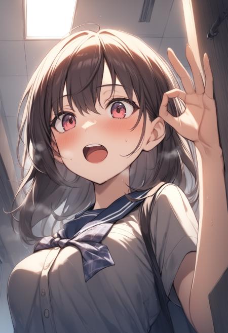 1girl, <lora:sdxl2-flat2-512b:-1>,medium breasts,school uniform,
<lora:oksignXLv1:0.6>,ok sign, from below, portrait, looking ahead, dark persona, in locker room, open mouth,
best quality,medium quality,