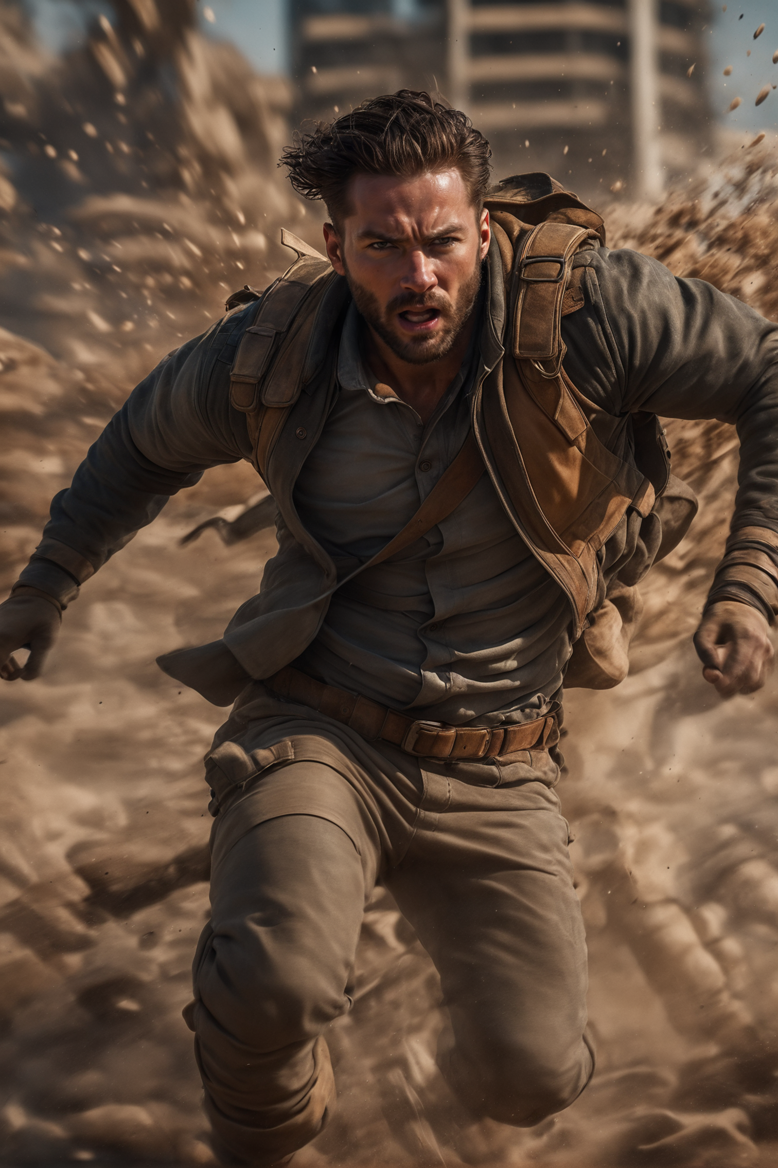 A man wearing a backpack and a belt running through sand.