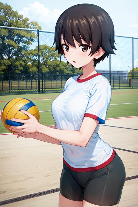 masterpiece, best quality, 1girl, solo, girls und panzer, isobe noriko, white shirt, bike shorts, sports arena, holding volleyball, exercise <lora:Isobe Noriko:0.6>