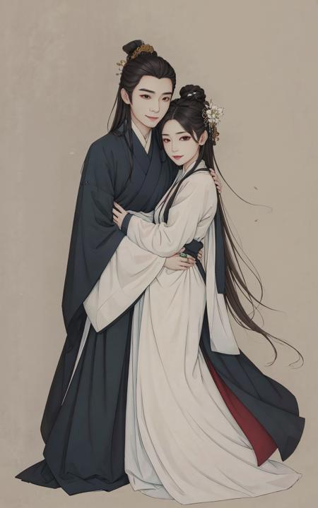 (masterpiece:0.8),best quality,
gongbiv,gongbi painting,1girl,1boy,chinese clothes,hair ornament,simple background,hanfu,black hair,flower,hair flower,jewelry,wide sleeves,standing,long sleeves,smile,looking at viewer,full body,long hair,hug,hetero,closed mouth,black eyes,lips,single hair bun,red lips,robe,hair bun,dress,ring,brown eyes,makeup,korean clothes,lipstick,brown hair,
Chinese style meticulous painting,<lora:gongbi painting:0.8>,