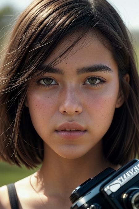The monochrome image portrays a big breasts Caucasian young woman with short, dark hair holding a vintage camera close to her face, partially obscuring one of her eyes. She gazes directly into the lens with an intense, thoughtful expression. The photograph has a distinct cinematic and nostalgic aesthetic, with soft lighting, a grainy texture, and subtle color grading that gives it a vintage, film-like quality.
Subject and Composition
The subject's face is positioned slightly off-center, drawing immediate attention to her sharp and expressive features. Her dark, well-defined eyebrows frame her deep-set eyes, which are slightly shadowed, adding to the introspective mood of the image. Her lips, which are slightly parted and tinted a natural red, contrast subtly with her smooth, pale skin. Strands of hair fall loosely across her face, reinforcing the unposed, organic nature of the portrait. full body,
Ultra High Definition, Impeccable Detail, Premier Quality, Best-in-class, (Photorealistic), (Lifelike), Top quality, score_9, score_8_up, score_7_up, score_6_up, score_5_up, score_4_up, (perfect anatomy), Smooth Anime Night, Expressiveh, realistic skin, detailed skin, detailed skin pore, skin texture style, amateur, raw photo,