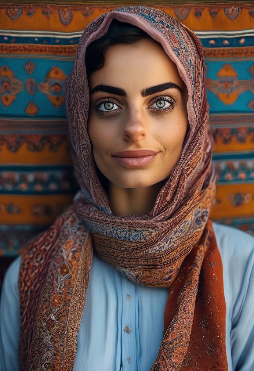 Persian Girl,Portrait Photo a portrait, hyperdetailed photography, by Elizabeth Polunin, blue hijab young woman smiling, brooklyn, looking straight to camera, sweaty, Margot Robbie, nepal, very accurate photo, suspiria