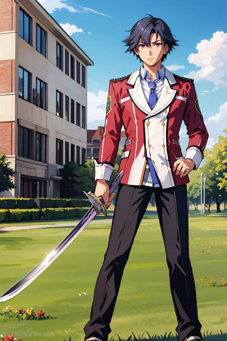 masterpiece, best quality, rean schwarzer, sen1rean, school uniform, necktie, black pants, shoes, standing, field, outdoors, school building, serious, furrowed brow <lora:rean-nvwls-v1-000009:0.9> <lora:UnlimitedBladeWorks1.6:0.8> holding, holding weapon, KatanaOneHand