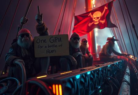 Zoomed in closeup, Hazey cinematic atmosphere, documentary action film, fantasy sci-fi movie, hyperrealistic, fullhd, night, nighttime, dark,  Pirates wearing sunglasses and bandanas are celebrating a successful raid, one monkey holds up a cardboard saying "One GPU for a bottle of rum", thieves, on a boat, ship, pirate ship, pirate flags, pirate flag with skull head and sabers, server equipment with many cables and wires, server racks, neon lights, the pirates are sitting on dancing in celebration hardware trash, neonlamp strips, large graphics cards with many big cooling fans, massive GPUs, treasure