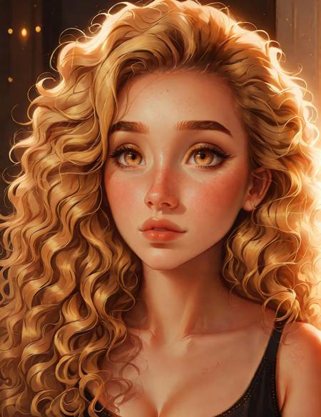 <lora:SDXLSamDoesArts:1> Samdoesarts, up close photo of a beautiful woman with curly blonde hair, freckles, brown eyes, beautiful eyes, high quality, 8k, beautiful lighting