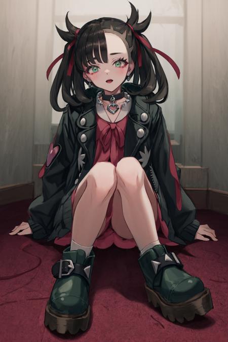 morpeko, 1girl, marnie \(pokemon\), morpeko \(full\), pokemon \(creature\), dress, choker, black jacket, jacket, black choker, pink dress, green eyes, bangs, black hair, sitting, earrings, open clothes, asymmetrical bangs, hair ribbon, jewelry, ribbon, boots, open jacket, long sleeves, twintails, ankle boots, red ribbon, blurry, looking at viewer, sleeves past wrists, heart, open mouth, long hair 
///////////  <lora:GU-000183:1>