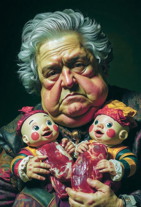 Glitchcore Baroque. A fat, ill-looking, middle-aged woman with grey hair, blotchy, mottled skin. Unhealthy. Heavily lined face. He is holding two fat babies dressed as fast-food restaurant mascots. They all hold lots of raw meat.