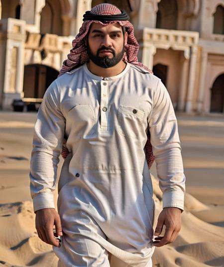 full_beard_dom_santiago, desert, sand, (thob, collared, long sleeves), standing, looking at viewer, daytime, (muscular, big muscle) <lora:Bearded_Dom_Santiago:0.85> <lora:thob:1>