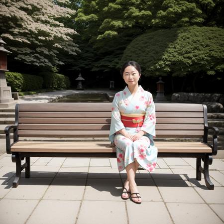 RAW photo, absurdres, high quality, photorealistic, 
portrait of a woman, kimono, detailed_skin, sitting,
bench, outdoors, park, sunlight, photo background,
photo realism, ultra-detailed, 50mm, f1. 4, 8k uhd, film grain