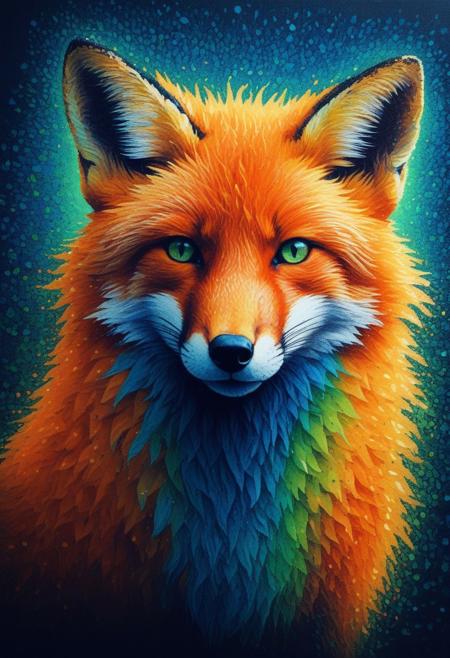 sfw. pointillism art. vivid colors. (Fox silhouette)) with wild hair. dramatic blue green orange split-tone lighting
