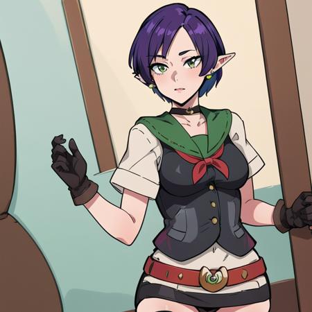 1girl,solo,breasts,short hair,skirt,thighhighs,gloves,jewelry,medium breasts,green eyes,purple hair,short sleeves,earrings,choker,pointy ears,belt,vest Violynne