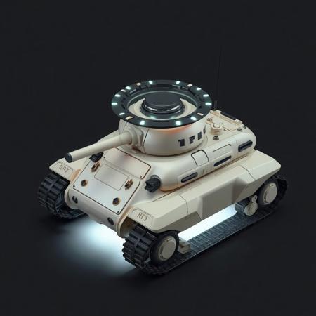 ((top view)), (tank),
Compact boxy tank with soft rounded edges and a rotating nanite field ring on top.
Chassis: Smooth pearl-colored plating grown from engineered minerals. Gentle concave hull lines simulate growth rings.
Tracks: Small caterpillar treads reinforced with self-healing mesh. Slightly translucent armor skirts.
Details: Repair drones dock into dorsal ring. Nanite discharge ports glow when self-repairing.
Lights: Constant soft white glow beneath tank; nanite ring pulses when active.