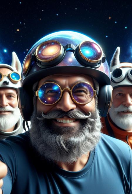(made of CosmicStyle:1.3), extreme closeup uncle face made of CosmicStyle, smile, wear round goggles made of CosmicStyle, Voluminous beard made of CosmicStyle, wear animal ears helmet, pointing at viewer, in space city, (surround by multiple uncle faces:1.2), cinematic, cinematic lighting, (masterpiece, best quality:1.4), ultra-high res, 4k, Photorealistic, insanely detailed, sfw,