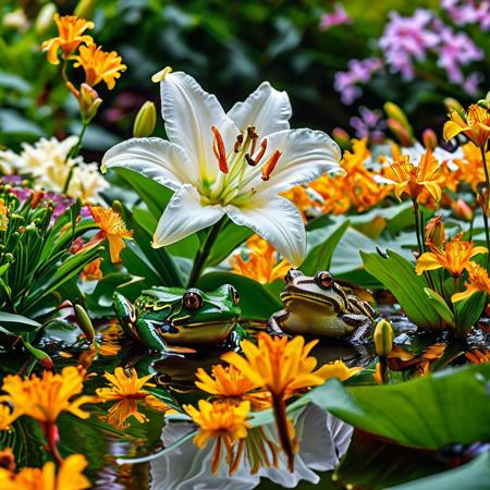 An enormous white lily, its petals unfurling majestically, plays host to a small, contented frog nestled comfortably amidst the flower's golden stamen. The lily stands proudly in a verdant garden setting.