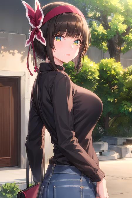 (masterpiece:1.2, best quality), (finely detailed beautiful eyes: 1.2), (extremely detailed CG unity 8k wallpaper, masterpiece, best quality, ultra-detailed),  mio, large breasts, hairband, sweater , casual clothes, jeans, hair bow , hair ribbon,  High contrast, (best illumination, an extremely delicate and beautiful),1girl,(simple backround, outdoors,  front on),  looking at viewer,beautiful detailed glow, (beautiful detailed face, beautiful detailed eyes)