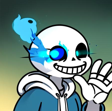 flurk <lora:flurks-step00022500:0.5>, skull, blue hoodie, smile, flaming eye, 1boy, cartoon style, [wave|waving], masterpiece, best quality, sans <lora:sans-000021:0.9>