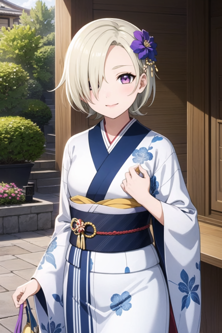 (masterpiece, best quality, ultra-detailed), (illustration), (beautiful detailed eyes), 1girl, solo, mia taylor, blonde hair, short hair, hair over one eye, small breasts, purple eyes,<lora:MiaLL_v1.3-04:0.6>,
hair ornament, flower, japanese clothes, hair flower, wide sleeves, kimono, sash, obi, blue kimono