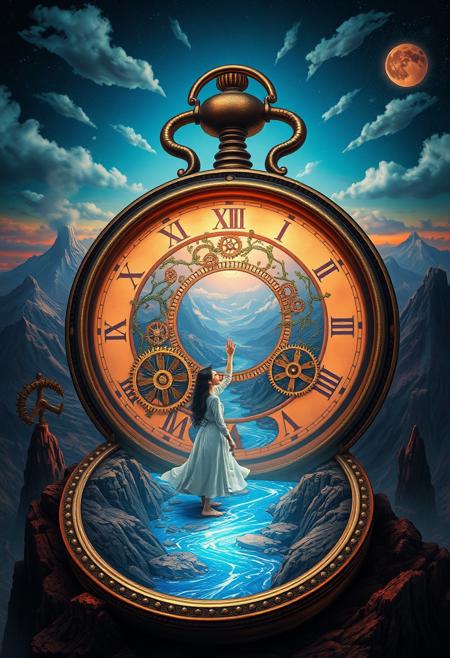 NO SUN IN THE SKY!  In the style of Salvadore Dali, Envision a surreal, top-down scene with an enormous ancient pocket watch standing upright, its cover open to reveal a magical portal glowing with mystical energy. Inside, intricate gears and finely wrought cogs interlock in a delicate dance, frozen in time. Ornate clock hands, suspended as if by magic, are etched with arcane symbols. Glowing runes pulse softly with inner light, intertwined with living vines. The scene is bathed in a bluish  ethereal glow from its center.
At the heart stands a lone figure—a young woman with porcelain skin and raven-black hair. Clad in a flowing white robe shimmering in the portal's light, she reaches out as if to touch the otherworldly aether. Her sapphire-like eyes reflect the portal's iridescent hues as she gazes into a breathtaking landscape: towering mountains, a cascading volcano, and a steaming river winding through charred forests.
The pocket watch rests on an obsidian floor, its polished surface mirroring glowing runes and distant portal light. Above, a crescent moon casts a silvery glow, while stars twinkle like distant jewels. Deep reds and blues contrast with the portal's warm light, enhanced by reflective volumetric lighting. The mood is dark, filled with adventure and wonder, drawing viewers into the hidden, magical world within the clock’s ancient mechanisms, guided by the woman's presence.