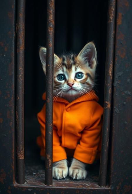 A whimsical scene unfolds: a tiny kitten, clad in a vibrant orange jumpsuit, sits confidently behind rusty metal bars. The jumpsuit's bright hue pops against the dull prison backdrop, while the kitten's curious gaze and perky ears convey a sense of mischief. The bars' industrial texture contrasts with the softness of the kitten's fur, adding to the visual intrigue.