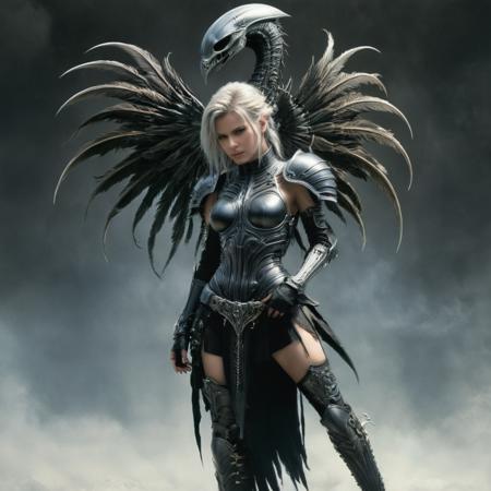 full body shot of a woman from final fantasy live action, with the face of h. r. giger. a beautiful digital painting. artstation. digital art. concept art. illustration. realistic. vibrant. by justin gerard <lora:alienzkin-sdxl:1.1> alienzkin <lora:EbonyGold-000014:1.4> ebonygold <lora:PAseer-SDXL-PhoenixRageArmor:0.8> armor, colorfeathers <lora:xl_more_art-full_v1:0.95>