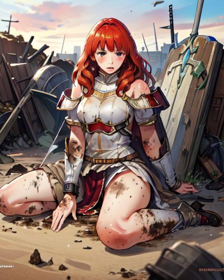 best quality, masterpiece, highres, detailed, perfect anatomy, <lora:Detail - add_detail:0.2>, <lyco:Traits - Rags:0.8>, RagClothing, dirty clothes, white armor, celica FE,  battlefield, dirty face, dirty hair, tired,  <lora:celica:0.8>, fantasy battlefield, swords, fallen knights, fallen soldier, medieval,