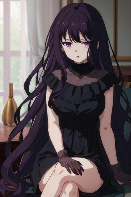 best quality, masterpiece, highres, solo, {tilty_claret_tenseioujototensaireijounomahoukakumei:1.15}, long_hair, bangs, purple_hair, purple_eyes, black_hair, blurry, 1girl, black_dress, dress, breasts, cleavage, parted_lips, gloves, medium_breasts, upper_body