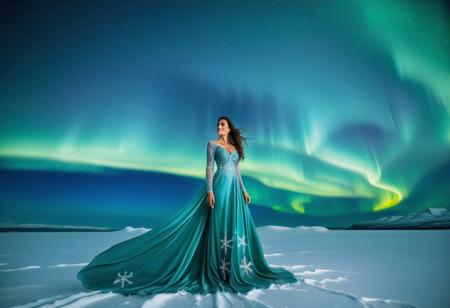 a beautiful woman wearing a silk gown with snowflake patterns, aurora borealis in the sky, beautiful arctic background
