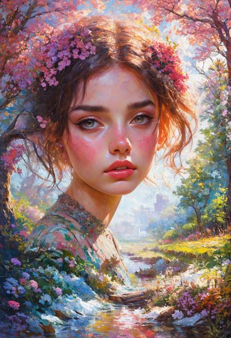 watercolor and oil painting of whimsical floral landscape, random season,