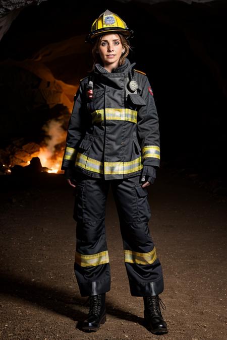 firefighter costume ,  cave , night  <lora:Louise_Redknapp:1> mature l1873r, 1girl, solo, masterpiece, best quality, detailed face,