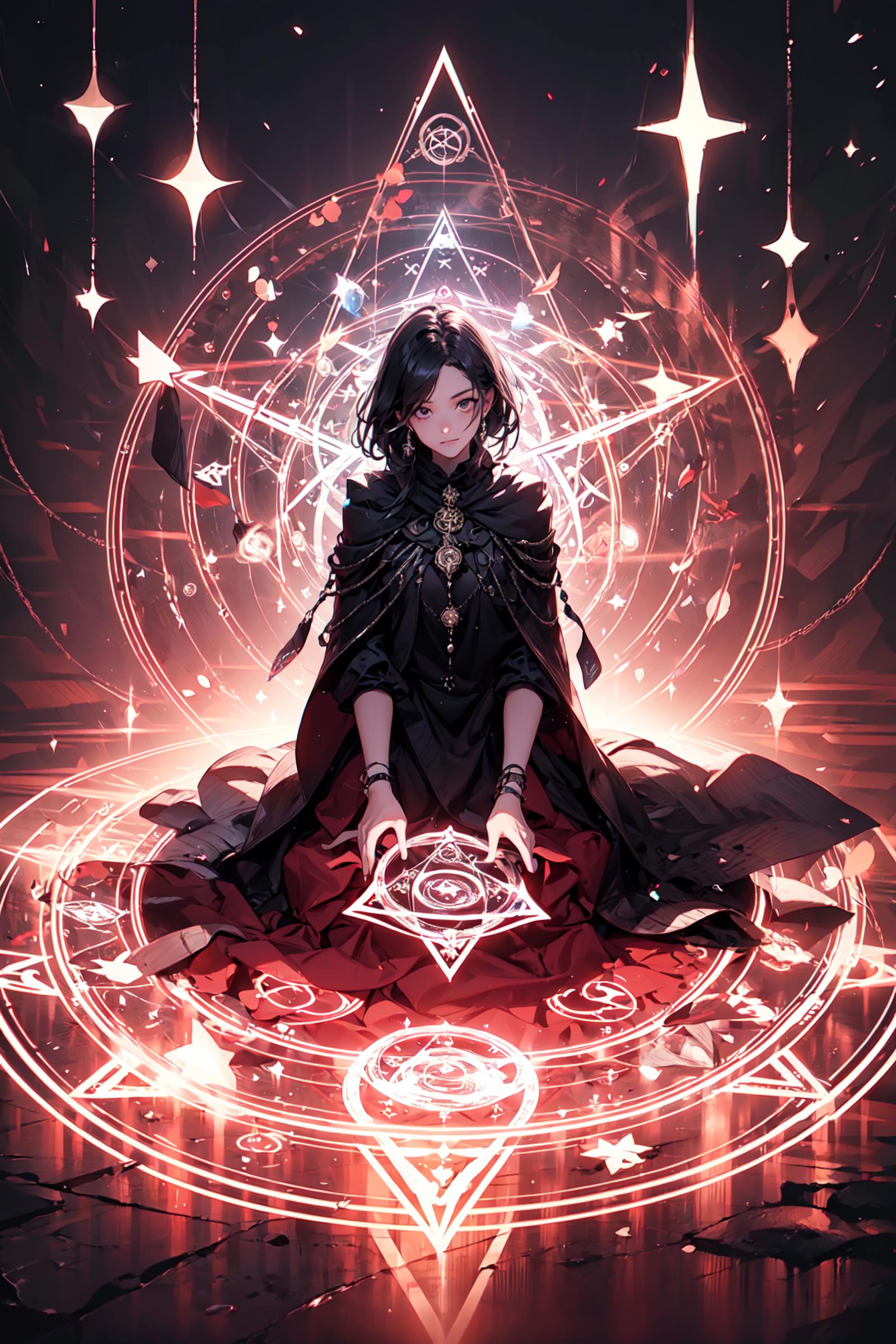 A woman with a black dress and red skirt sitting in the middle of a circle of stars, possibly a witch or a mage.