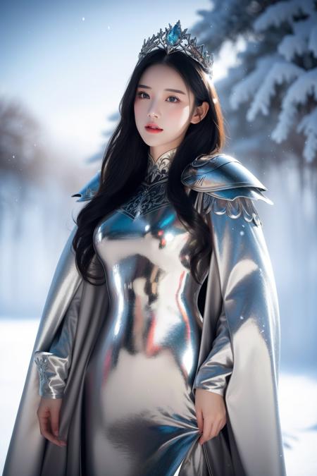 knight, long black hair, black eyes, silver armor, fantasy, elegant crown, winter landscape, snowflakes, cold atmosphere, (highres:1.3), (detailed:1.2), majestic, confident stance, (metallic shine:1.1), royal, poised, serene expression, (vibrant:1.1), detailed armor design, shimmering metal, intricate embroidery on cloak