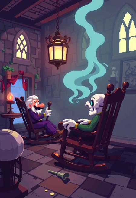 PIXEL ART, ELDER MARIO BROS AND ELDER BOWSER IN ROCKING CHAIRS IN AN ASYLUM HAPPY