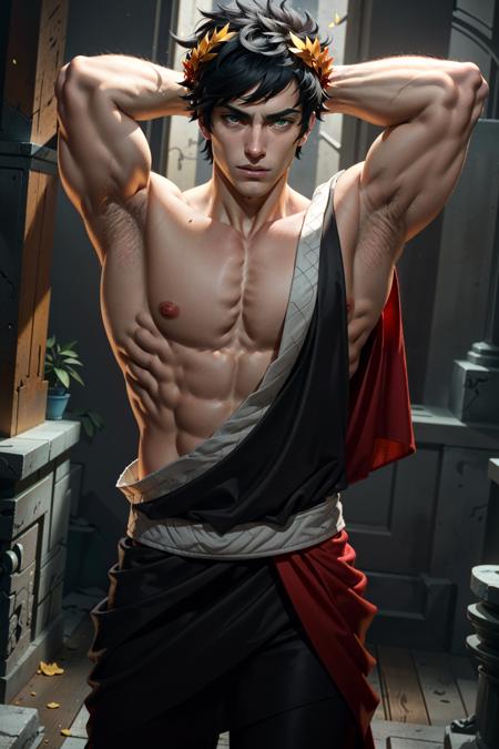 ZagreusHades, 1boy, single bare shoulder, greek clothes, male focus, laurel crown, black hair, heterochromia, pectorals, green eyes, muscular, muscular male, red eyes, nipples, colored sclera, solo, black sclera, bara, arm behind head, armlet
,masterpiece, best quality, cinematic lighting,
<lora:epi_noiseoffset2:1>,   <lora:ZagreusHades:0.7>