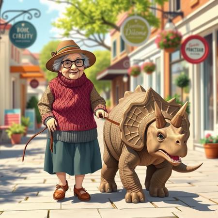 Create an image of a sweet elderly lady walking her pet Triceratops, which is the size of a Labrador, on a leash. Both the dinosaur and the lady are wearing matching sweaters and hats. The scene is set in a sunny summer day on a charming street lined with shops. The atmosphere should be cheerful and whimsical, capturing the unique bond between the lady and her dinosaur.