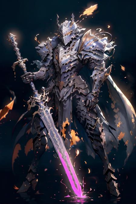 (masterpiece, top quality, best quality, official art, beautiful and aesthetic:1.2),(8k, best quality, masterpiece:1.2),CGDivineSwordsw, weapon, armor, sword, 1boy, solo, holding, male focus, holding weapon, holding sword, glowing, helmet, cape, shoulder armor, torn cape, greaves, torn, torn clothes, standing, gauntlets, pauldrons, blood, glowing weapon, breastplate, full armor, glowing eyes, full body, glowing sword, (epic glow:1.5)<lora:CGDivineSwordsw_20230611172159:1>