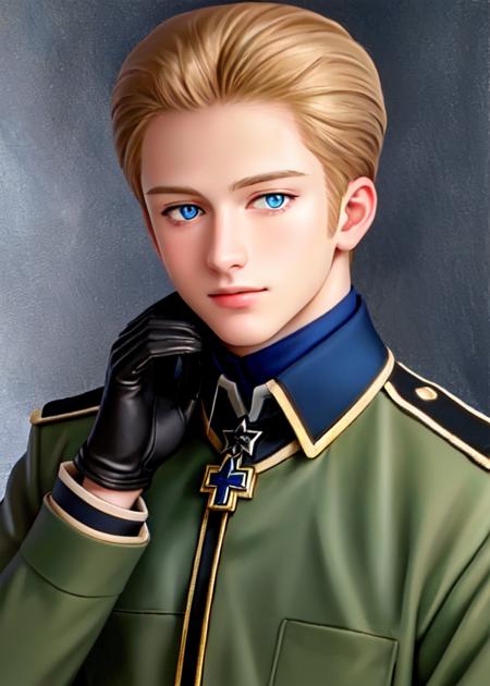 Ludwig blue eyes military uniform, green jacket, broach, belt, black gloves, green pants