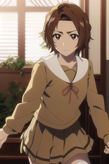 masakikurosaki, <lora:masakikurosakitest:1>,
masaki kurosaki, short hair, brown hair, (brown eyes:1.5),
BREAK skirt, ribbon, school uniform, pleated skirt, serafuku, socks, kneehighs, white socks,
BREAK looking at viewer,
BREAK indoors, classroom,
BREAK <lora:GoodHands-vanilla:1>, (masterpiece:1.2), best quality, high resolution, unity 8k wallpaper, (illustration:0.8), (beautiful detailed eyes:1.6), extremely detailed face, perfect lighting, extremely detailed CG, (perfect hands, perfect anatomy),