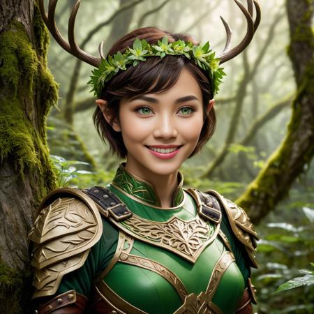 <lora:FaeTastic:0.3> (Zoomed out, full body, far shot, feet visible:1.3) photo of a subtle smile 23 year old beautiful (Singapore elf woman with black eyes and light skin:1.3), Pixie Cut flowing (brown hair:1.3). She is young, slender with (small breasts:1.3), (small antlers:1.5), (small symmetric nose:1.3), big beautiful eyes, full lips, Arched eyebrows, (perfect teeth), (perfect hands), lipstick, eyeliner, eyeshadow. She is wearing (green leaf ranger armor and bracers:1.3), (leaf and flower crown). She is standing, leaning against a tree in a (magical enchanted:1.3) glade, moss and flowers in the background. (Magical fae fantasy style:1.5). Outside, evening, overcast, cinematic lighting, vibrant colors, detailed skin texture, detailed cloth texture, beautiful detailed face, intricate sharp details, ultra high res.