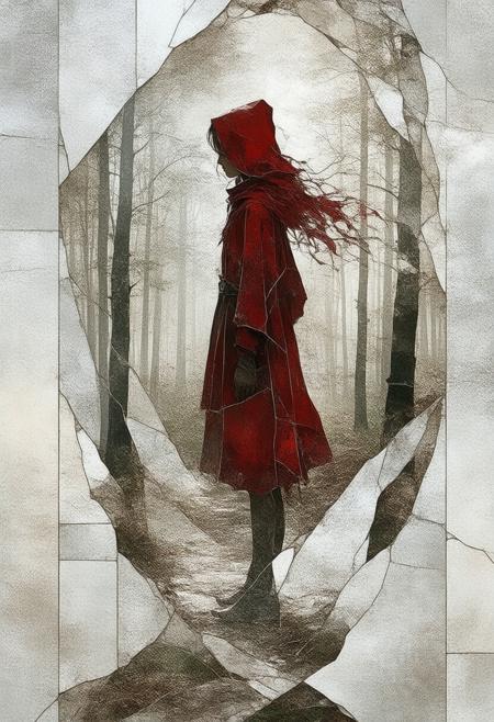 A haunting and surreal depiction of Little Red Riding Hood, rendered in a fractured, stained-glass Cubist style. The scene shatters into geometric shards, presenting multiple perspectives of the girl, the dense forest, and a subtle, unsettling suggestion of the wolf's presence. The palette utilizes deep reds, greens, and blacks, punctuated by bold white lines and a soft, inner luminescence emanating from the girl's cloak and the forestâs depths. Photorealistic details of the cloakâs texture, the forestâs foliage, and a hint of the girlâs apprehensive expression harmonize with the abstract fragmentation, creating a captivating and slightly unsettling fairytale reimagining. Ultra detailed, 8k resolution, volumetric lighting, octane render, emphasizing the interplay of light and shadow and the symbolic use of color to evoke a sense of both innocence and foreboding.