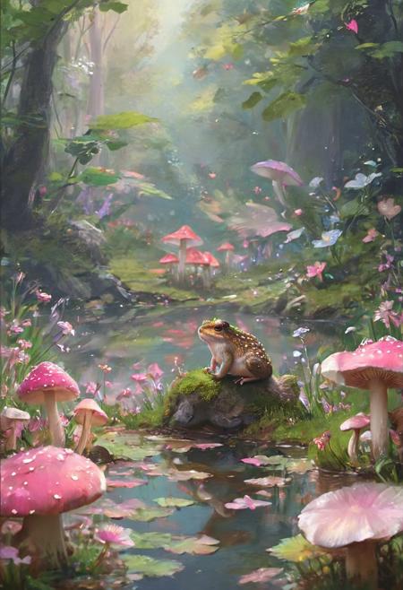 solo, furry, ((fairy (toad))) small, The toad is wearingn flower crown and has glittery, multi-colored wings, (pink cheeks:0.7) standing around a flower field,. doodle style for the toad, pastel colors, soft lighting, cute doodle, small, postcard, animal, sparkle, trending on artstation, limited color palette,  ((FANTASY)), ((MAGIC)), fairy flower, fashion, clean background, high quality, editiorial abstract illustration Magical Forest, Fantasy, Enchantment, Nature, Pixie, Fairy Dust, Ethereal, Enchanting, Whimsical, Dreamy, Fantasy World, Forest Nymph,, Mystical, Nature Spirit, Delicate, Graceful, Fairyland, Woodland, Fairy Wings, Sprightly, Magical Creatures, ((pink mushrooms)), swamp, forest