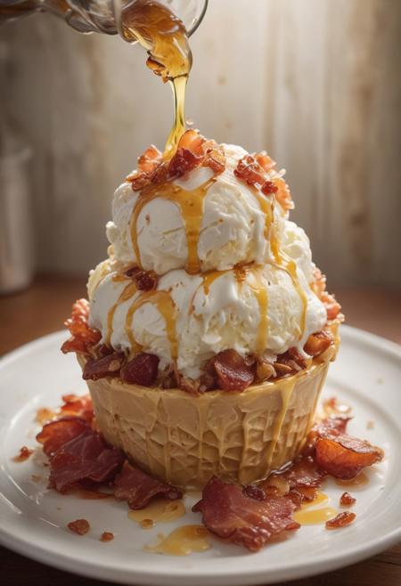 RAW photo, bacon ice cream, hot summer day, food photo, DSLR, crispy bacon bits and a maple syrup drizzle garnish, soft lighting, high quality, film grain, Fujifilm XT