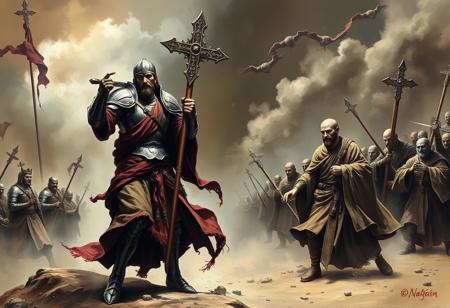 A battle for the faith
On one side is Jesus Christ, cladded in heavy armor, wielding a cross polearm, leading the armies of God
On the opposite side is Buddha, dressed in martial clothing, leading an army of monks 
Dark, oppressive, gothic style, realistic painting